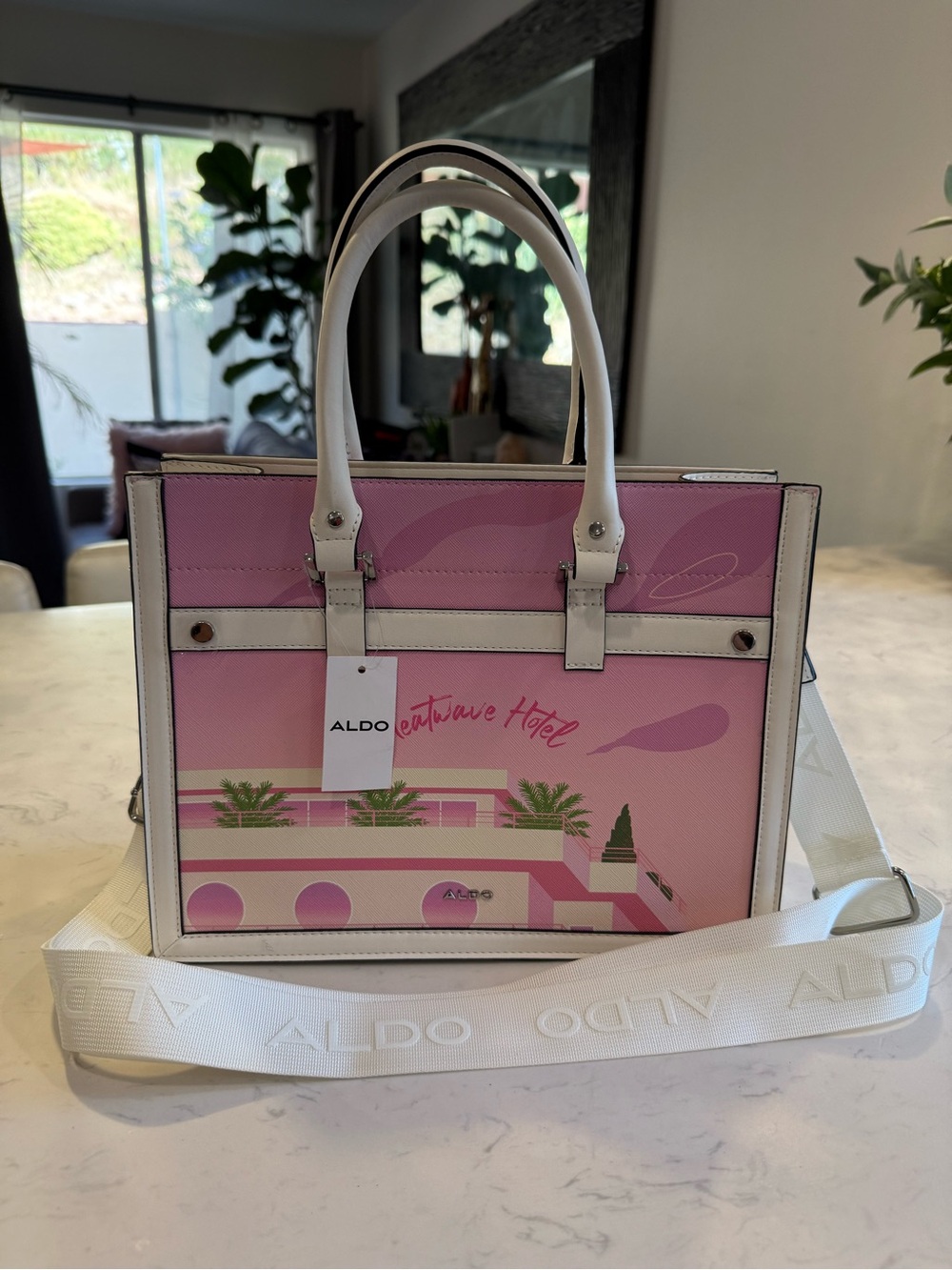 ALDO Pink and White Riviera Hotel Graphic Satchel